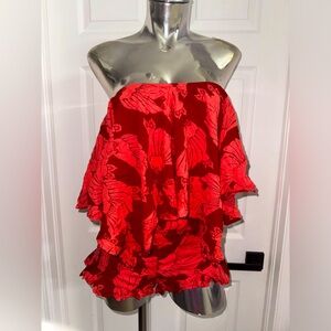 Free People hibiscus beach Red floral off shoulder top and ruffle bottom set m